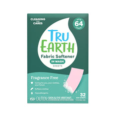 Tru Earth frontal del empaque mostrando las 32 tiras y beneficio de ahorro de espacio