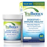 TruBiotics frasco frontal mostrando la marca y beneficio digestivo