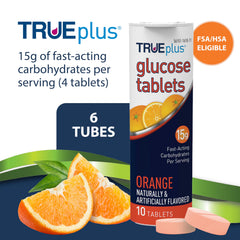 TRUEplus tabletas textura cercana indicando masticable y sabor naranja