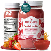TrueSeaMoss frasco frontal de gel de fresa mostrando presentación clara y beneficios prácticos