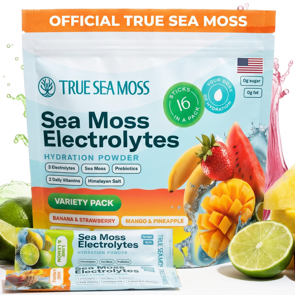 TrueSeaMoss envase frontal mostrando variedad pack y portabilidad para hidratación