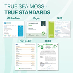 TrueSeaMoss tapa y etiqueta del frasco con información de fabricación segura