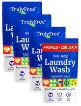 Truly Free frente del empaque mostrando las cuatro recargas y beneficio ecológico