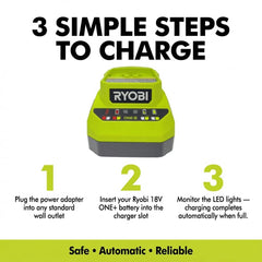 TTI Ryobi PCG002 cargando baterías Ryobi 18V en estación de trabajo