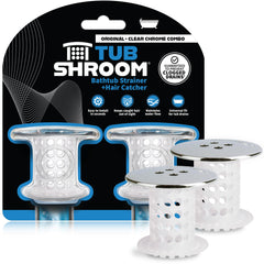 TubShroom frontal cromado mostrando ajuste al desagüe, protege contra obstrucciones