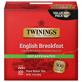 Twinings caja frontal del English Breakfast descafeinado mostrando 100 bolsitas y conveniencia
