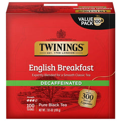 Twinings caja frontal del English Breakfast descafeinado mostrando 100 bolsitas y conveniencia