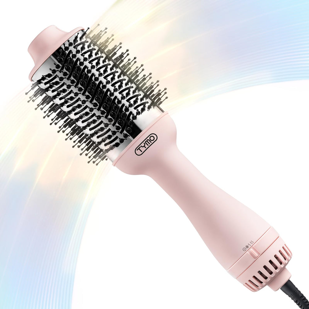 TYMO cepillo secador frontal rosa mostrando diseño y beneficio de manejo fácil