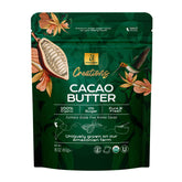 U manteca de cacao frente del envase mostrando etiqueta y pureza