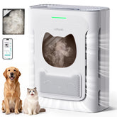 uahpet vista frontal del purificador mostrando diseño compacto y beneficio de ahorro de espacio