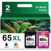 Ubinki 65XL pack frontal mostrando cartuchos negro y tricolor, rendimiento mayor