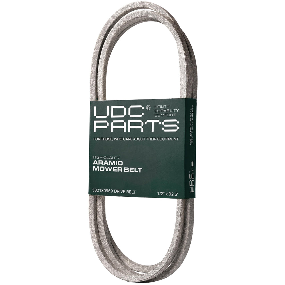 UDC Mower Belts front packaging showing product name and fit information for quick identification