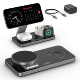 UEQ estación frontal completa mostrando iPhone, Apple Watch y AirPods cargando rápidamente