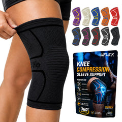 UFlex Athletics empaque frontal mostrando rodillera y tallaje, reafirma confianza
