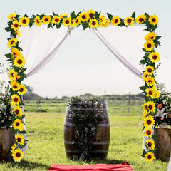 Uieke guirnalda colgada en arco creando fondo fotográfico festivo