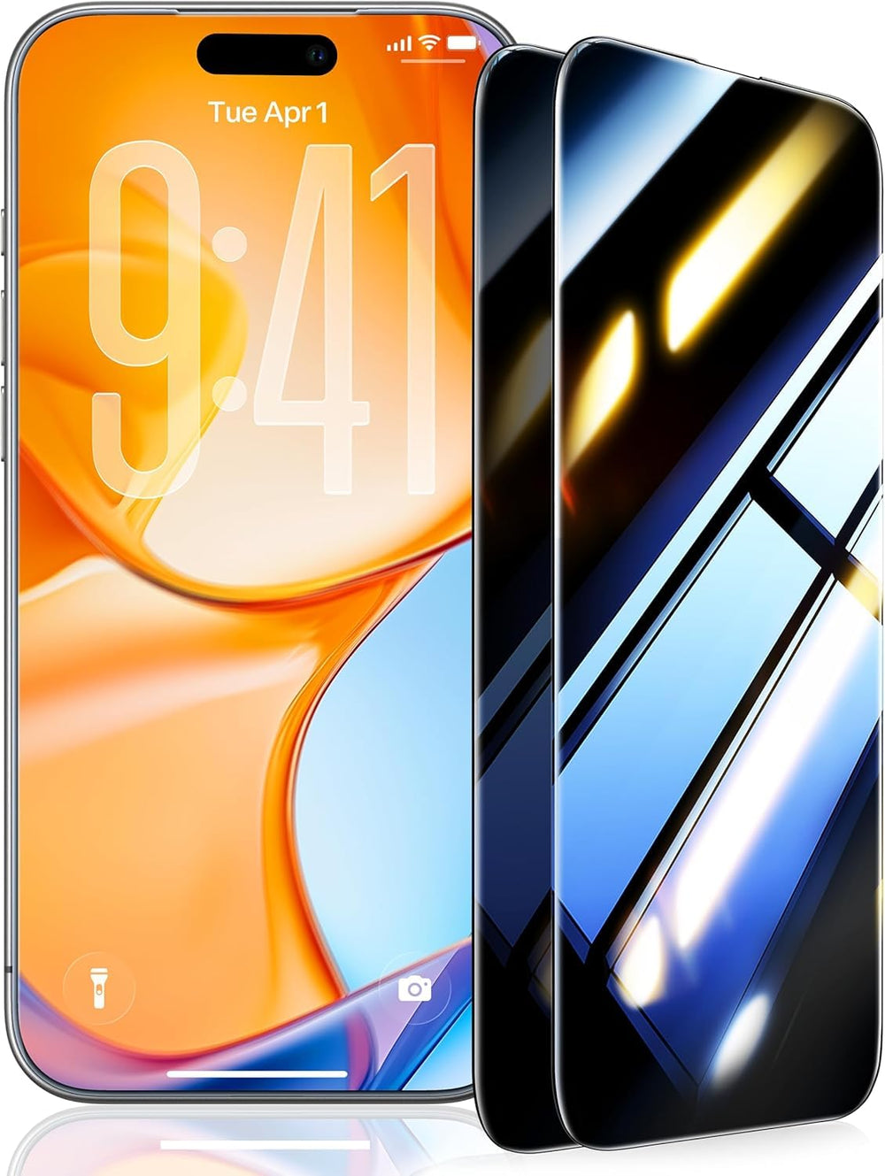 UltraGlass front packaging showing two-pack and iPhone 15 Pro fit for secure privacy