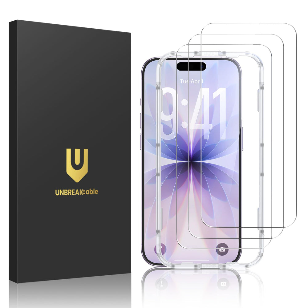 UNBREAKcable frente del paquete mostrando protector iPhone 17 y beneficios de recambio