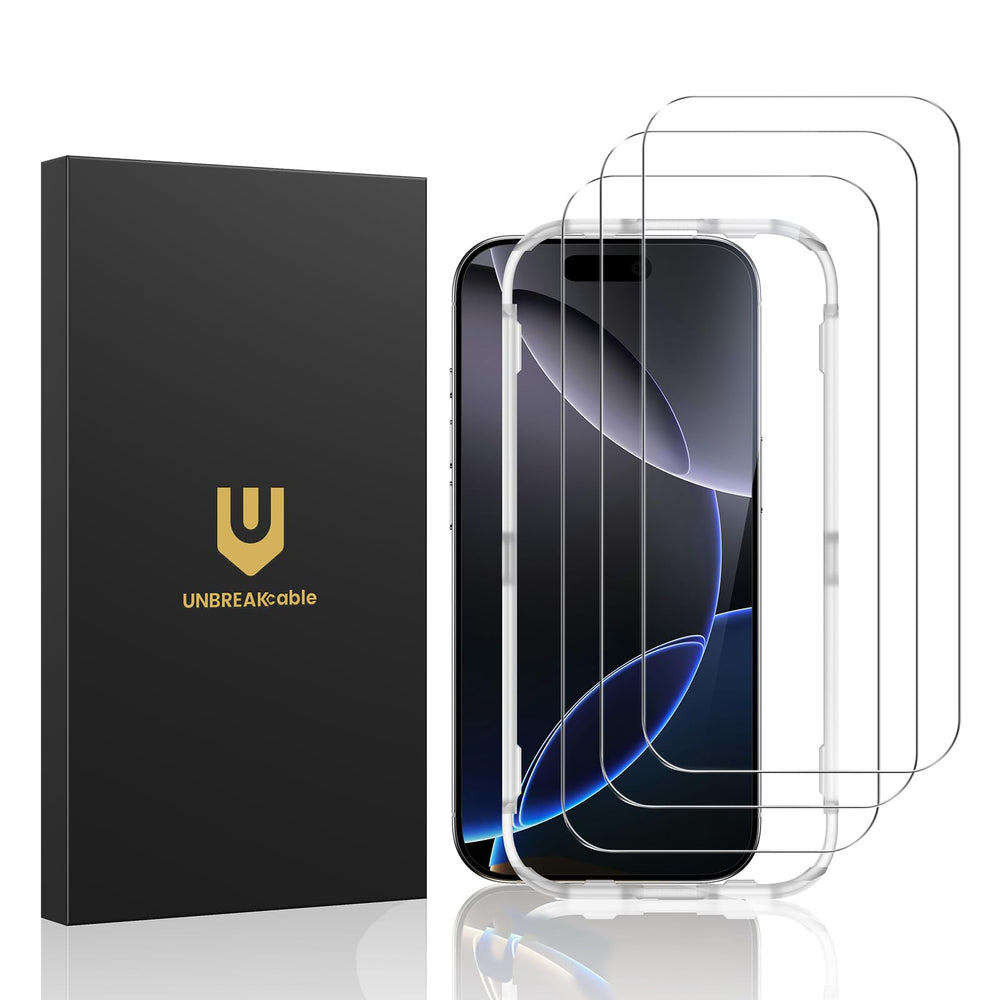 UNBREAKcable frontal del empaque mostrando protector para iPhone 16 Pro Max y beneficio de protección inmediata