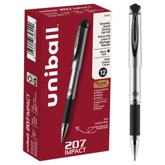 Uni-Ball 207 Impact paquete frontal mostrando 12 bolígrafos negros para uso profesional