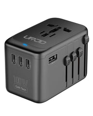 URJD adaptador de viaje frontal mostrando puertos y enchufe | carga rápida y portátil