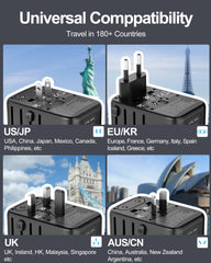 URJD adaptador en uso sobre mesa de hotel cargando laptop y teléfono | solución para viajeros