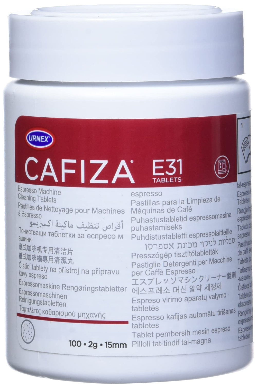 Urnex Cafiza frasco frontal con 100 tabletas, embalaje claro y práctico