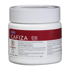 Urnex Cafiza tarro frontal mostrando 100 pastillas y facilidad de almacenamiento