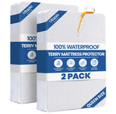 Utopia Bedding vista frontal del protector en pack mostrando ajuste y protección