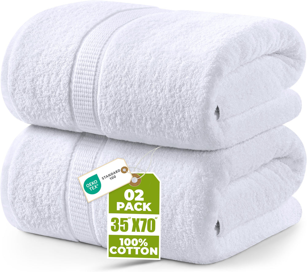 Utopia Towels frente del pack de 2 toallas blancas mostrando tamaño