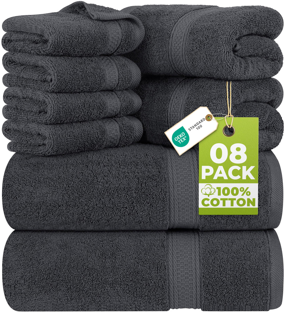 Utopia Towels vista frontal del paquete gris, apariencia lujosa y práctica