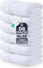 Utopia Towels paquete frontal con seis toallas blancas mostrando tamaño y presentación