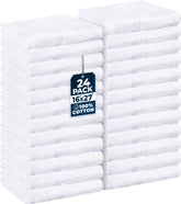 Utopia Towels vista frontal del paquete mostrando 24 toallas blancas y ventaja de stock