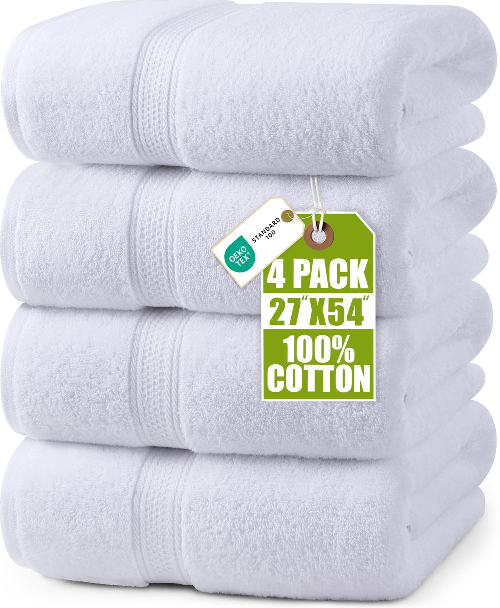 Utopia Towels paquete frontal mostrando las cuatro toallas blancas, aspecto limpio