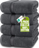 Utopia Towels vista frontal del paquete mostrando color gris y cuatro toallas, ideal para combinación de baño