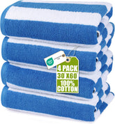 Utopia Towels vista frontal del paquete mostrando las rayas azules y tamaño