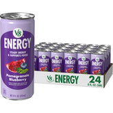 V8 Energy lata frontal mostrando diseño y sabor granada arándano, refresca al instante