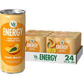 V8 lata frente vista clara con sabor durazno mango y refresco rápido