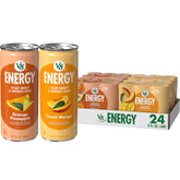 V8 Energy pack frontal mostrando las 24 latas y variedad de sabores, conveniencia inmediata