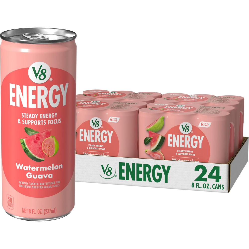 V8 lata frontal mostrando sabor sandía guayaba y frescura