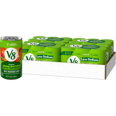 V8 lata frontal mostrando etiqueta y conveniencia baja en sodio