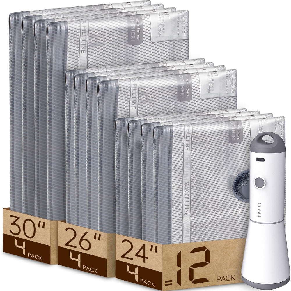 Vacbird frente del pack mostrando bomba y 12 bolsas, ahorro de espacio