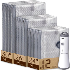 Vacbird frente del pack mostrando bomba y 12 bolsas, ahorro de espacio