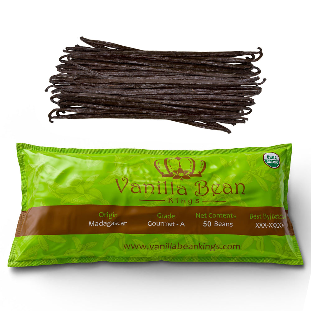 Vanilla Bean Kings paquete frontal mostrando 50 vainas y beneficio de cantidad