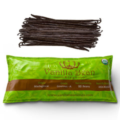 Vanilla Bean Kings paquete frontal mostrando 50 vainas y beneficio de cantidad