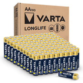 VARTA paquete delantero mostrando 100 pilas AA para almacenamiento prolongado
