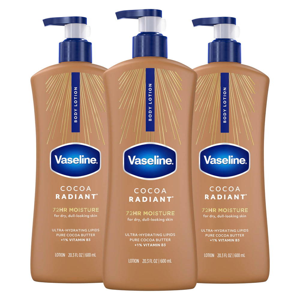 Vaseline envase frontal Cocoa Radiant mostrando presentación y beneficio hidratante
