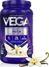 Vega bote frontal Vainilla Cremosa mostrando etiqueta y beneficio nutricional