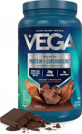 Vega envase frontal mostrando proteína y greens, conveniente para rutinas