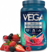 Vega recipiente frontal mostrando diseño y sabor berry para fácil identificación