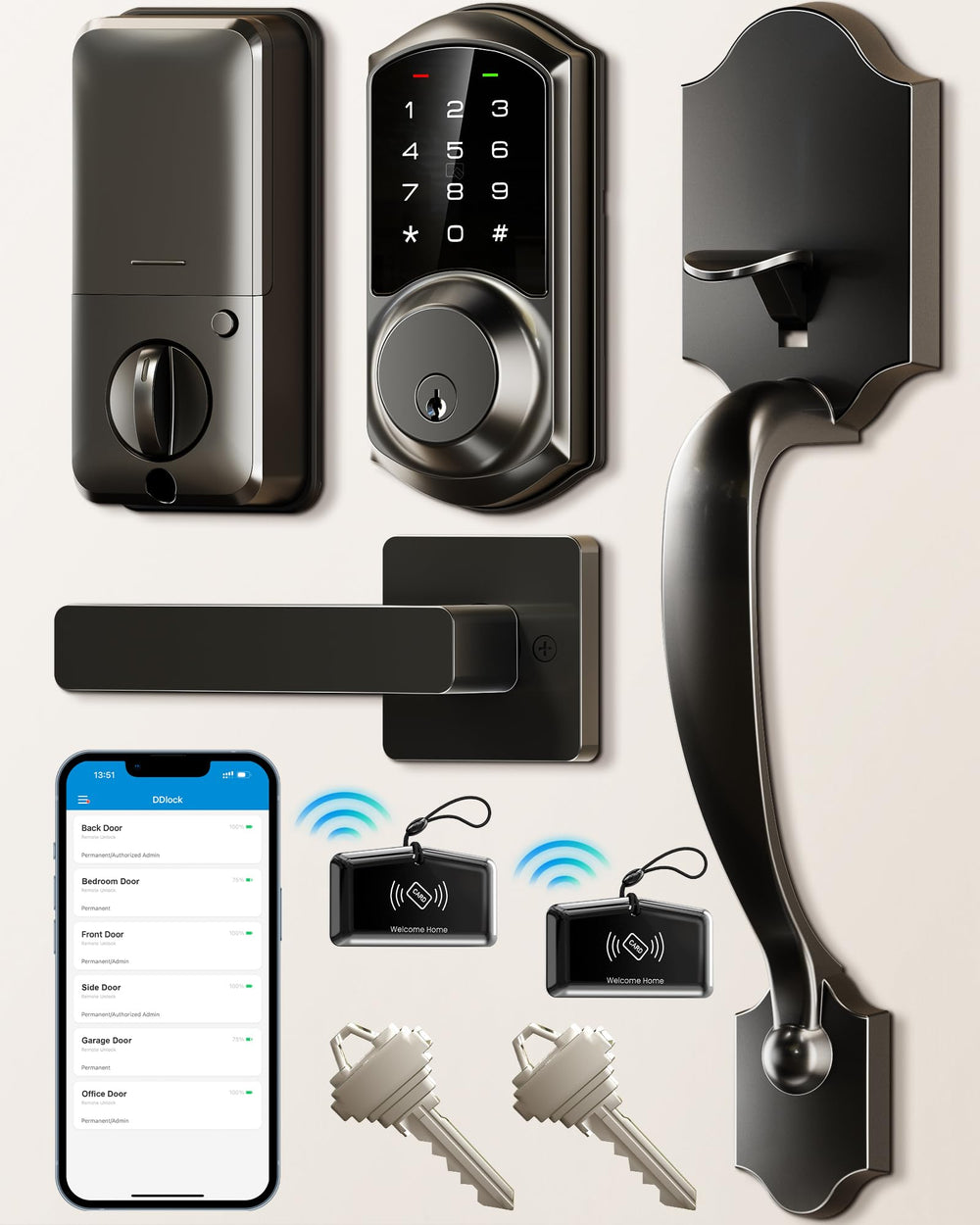 Veise cerradura frontal negro mate mostrando manija y teclado, seguridad moderna